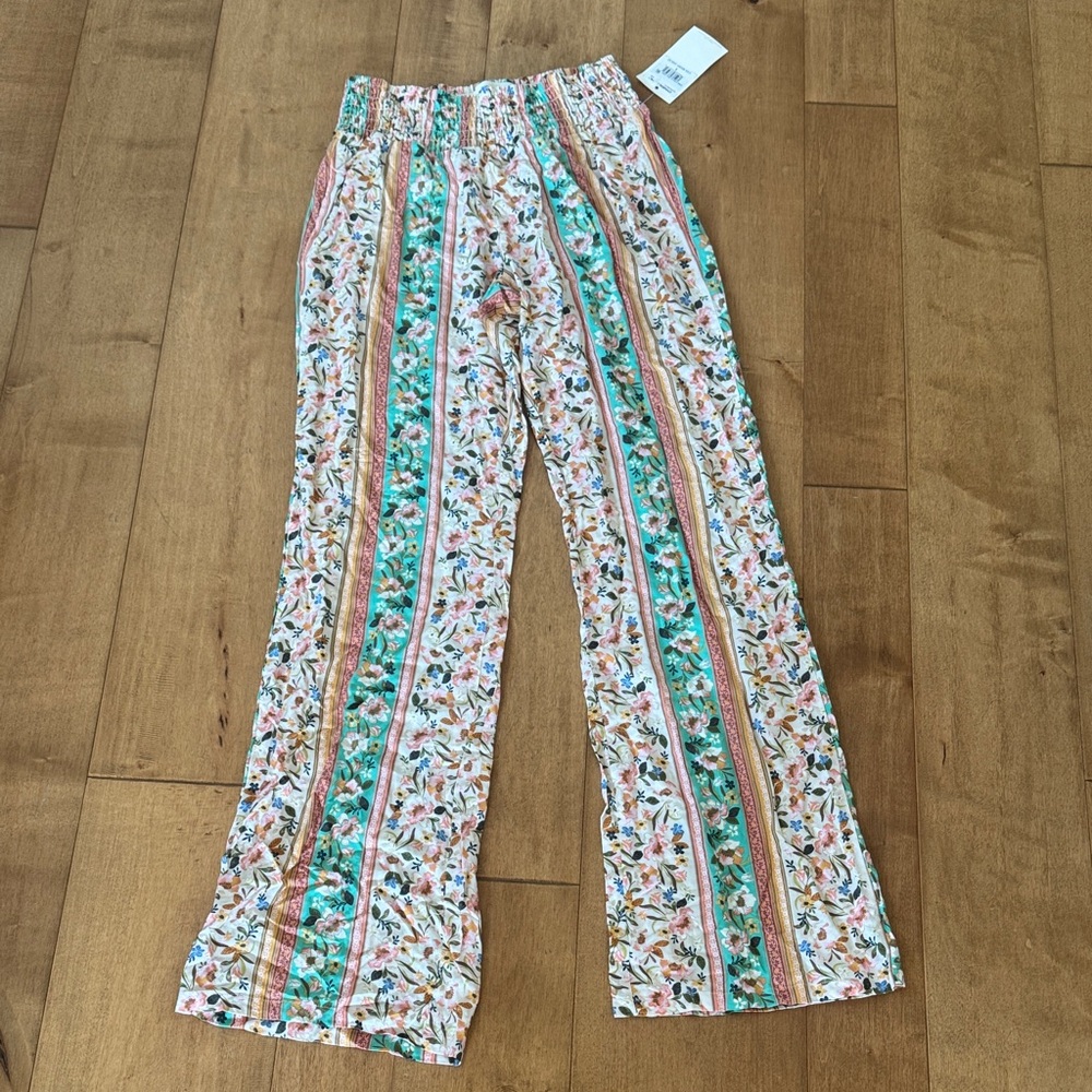 Floral Stripe Pull-On Pants in Mint and Pink